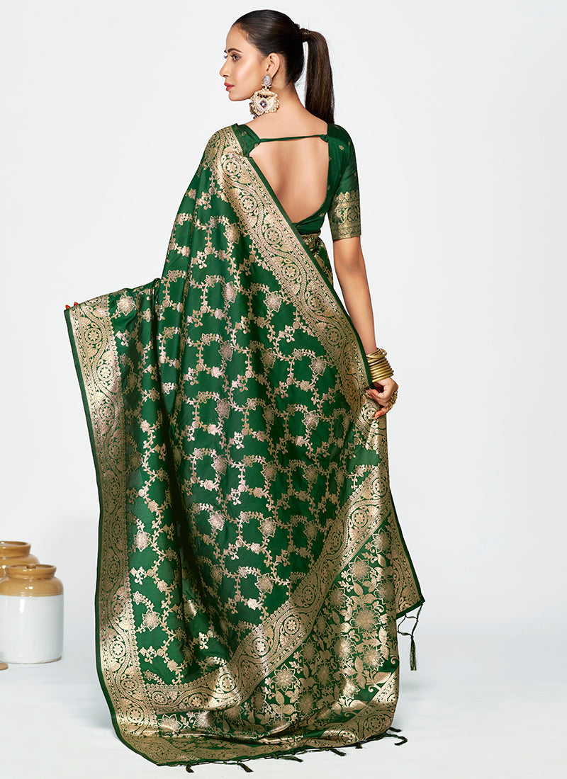 Vellora Emerald Green Banarasi Silk Saree with Rich Golden Zari Weaving