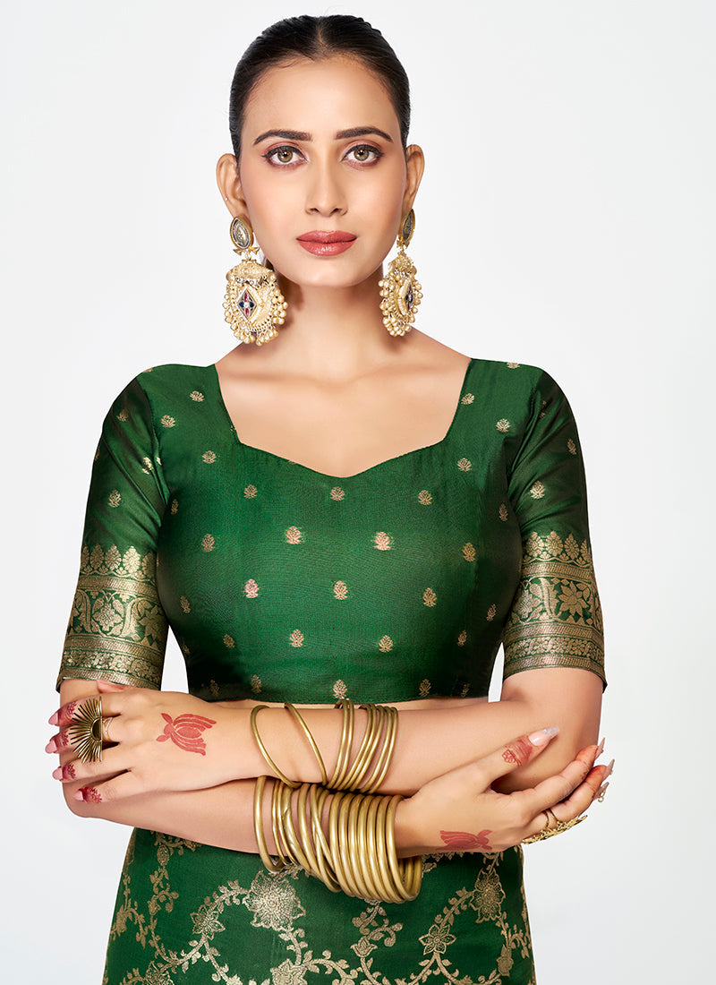 Vellora Emerald Green Banarasi Silk Saree with Rich Golden Zari Weaving