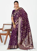 Vellora Plum Purple Banarasi Silk Saree with Traditional Floral Zari Pattern