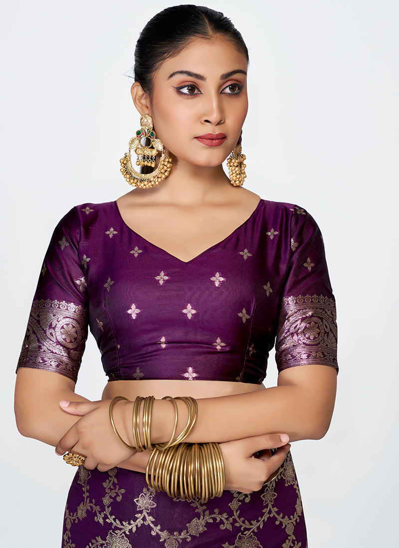Vellora Plum Purple Banarasi Silk Saree with Traditional Floral Zari Pattern