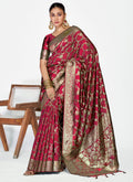 Vellora Wine Red Banarasi Silk Saree with Antique Golden Zari Work