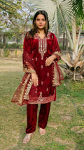 Lehenga Mart Designer Velvet Ready to wear Kurta Pant Dupatta for Women