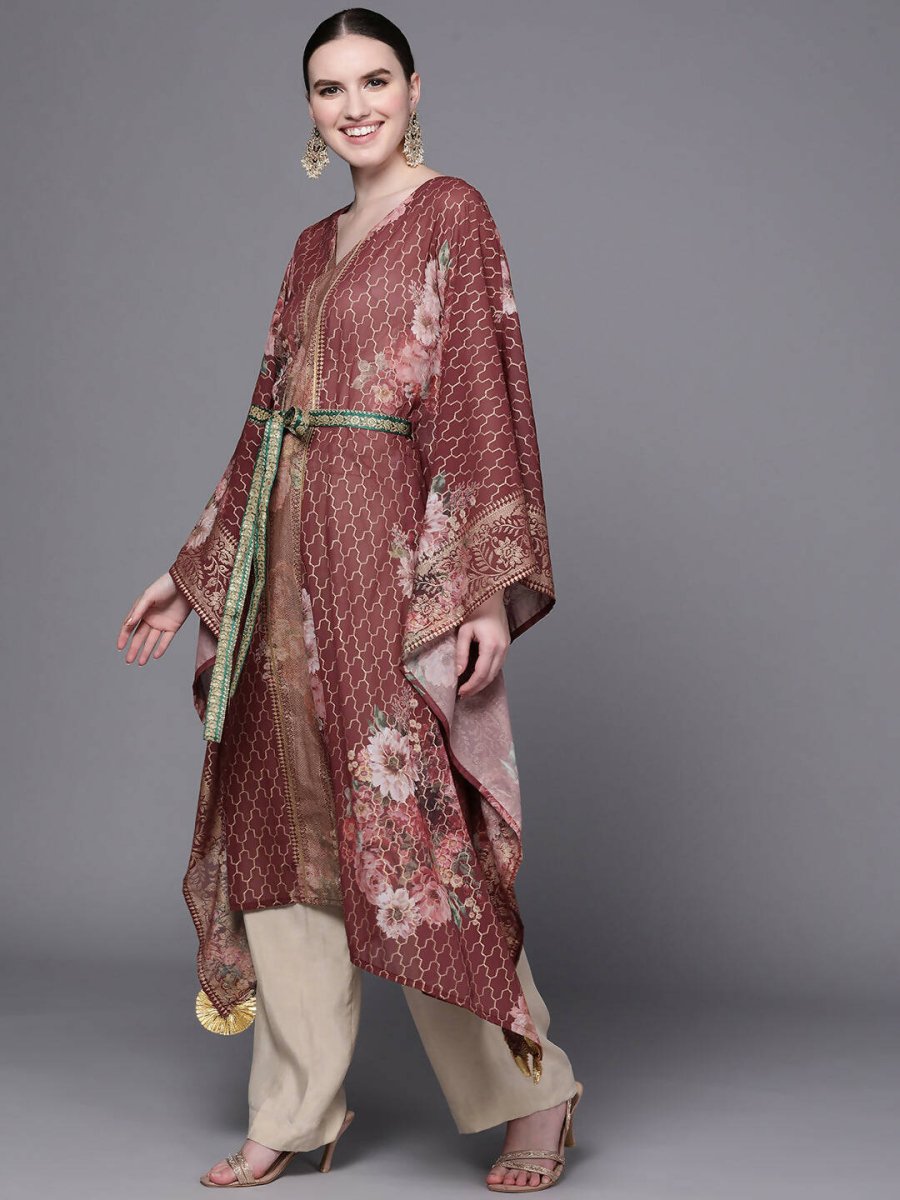 Ahalyaa Women Maroon Floral Printed Flared Sleeves Kaftan Kurta