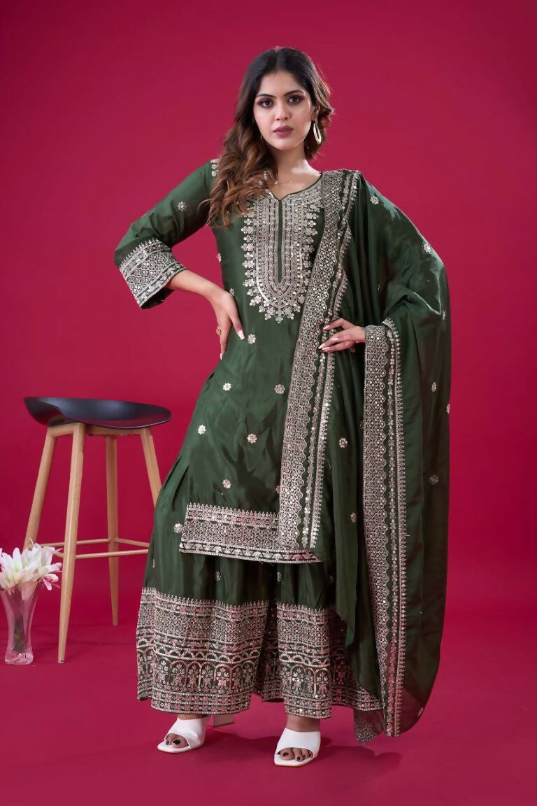 Teeya Creation Green Colour Chinnon Silk Heavy Embroidery Work Fully Stitched Salwar Suit