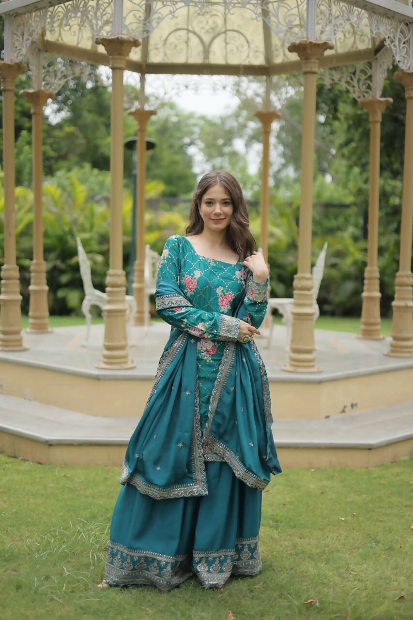 Vastranavya Premium Designer Printed With Sequins & Thread Embroidered work Kurti Palazzo & Dupatta - Firozi