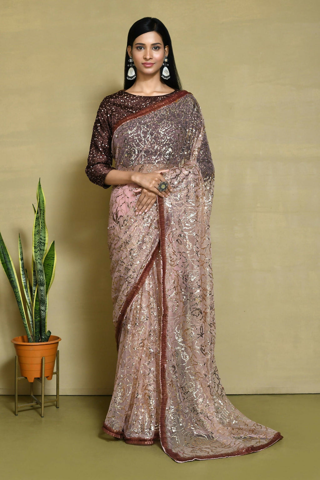 Brown Net Sequence Embroidered Festive Saree - Nimaya Denzy