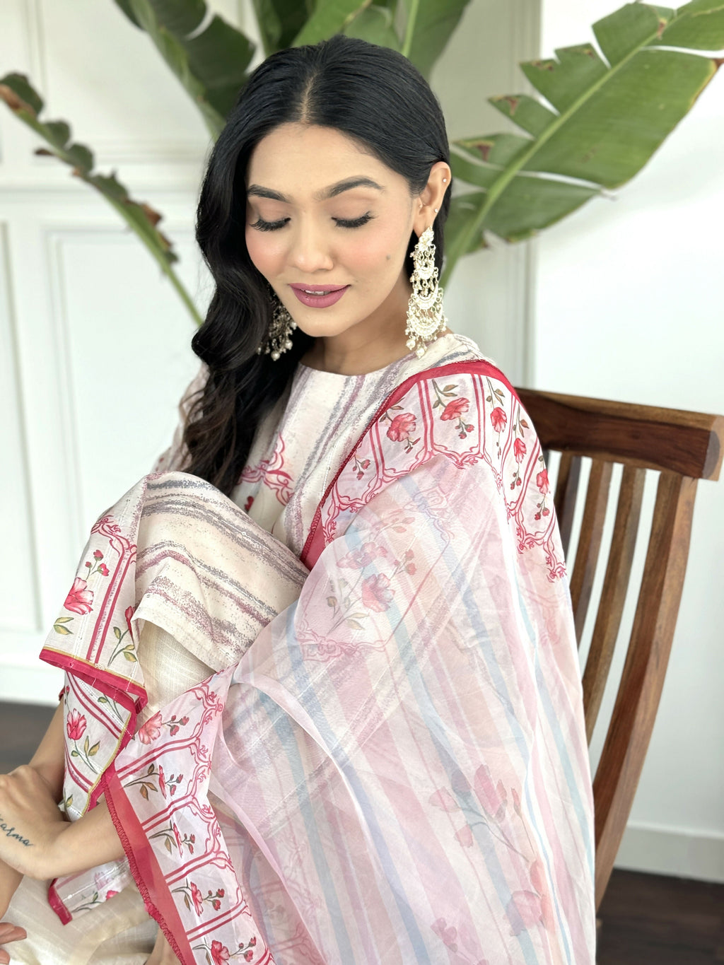 White Multi Viscose Chanderi Stitched Suit With Dupatta - Tanisha