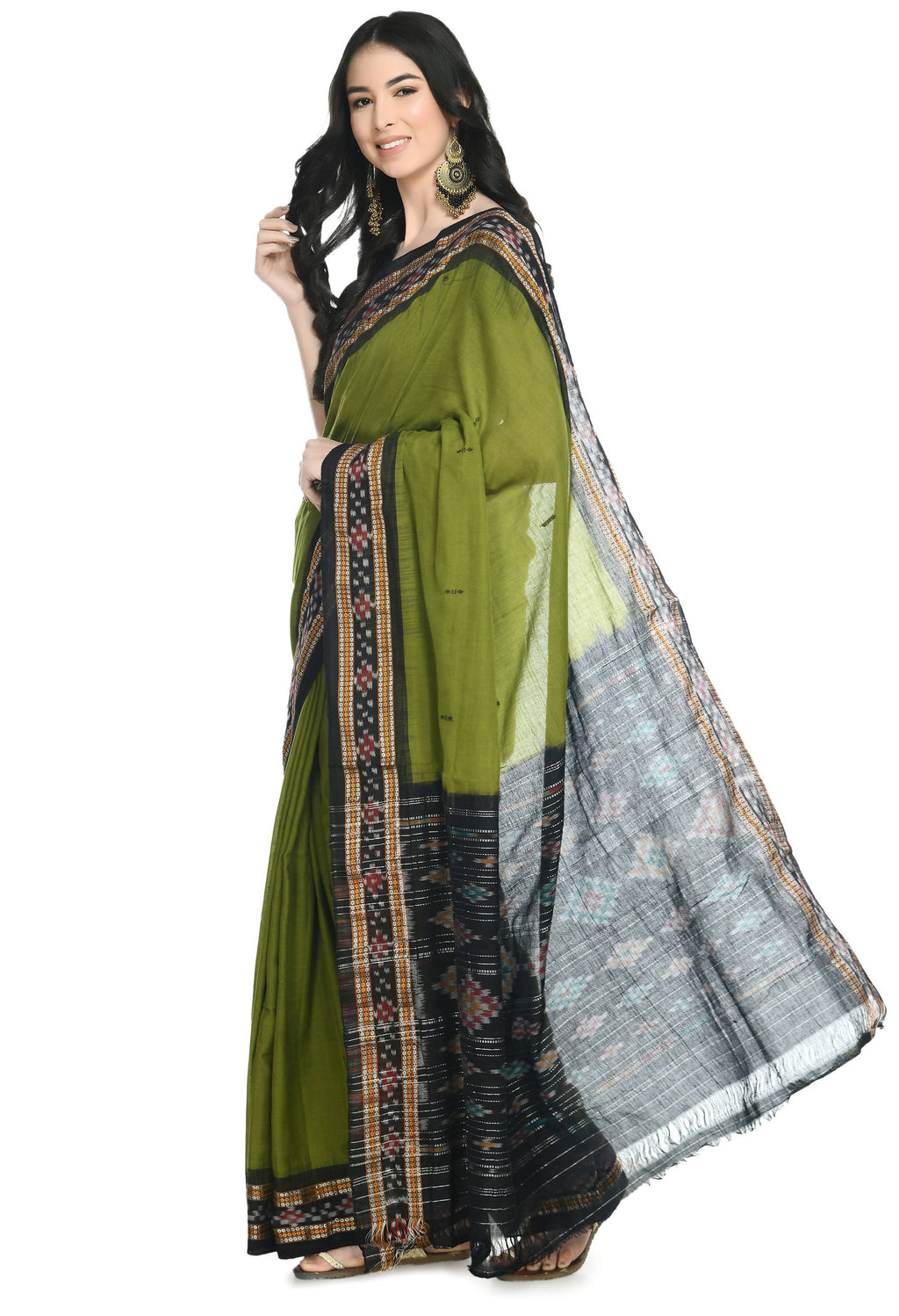 Vamika Sambalpuri Ikat Cotton Rekhabala Buti Green & Black Saree