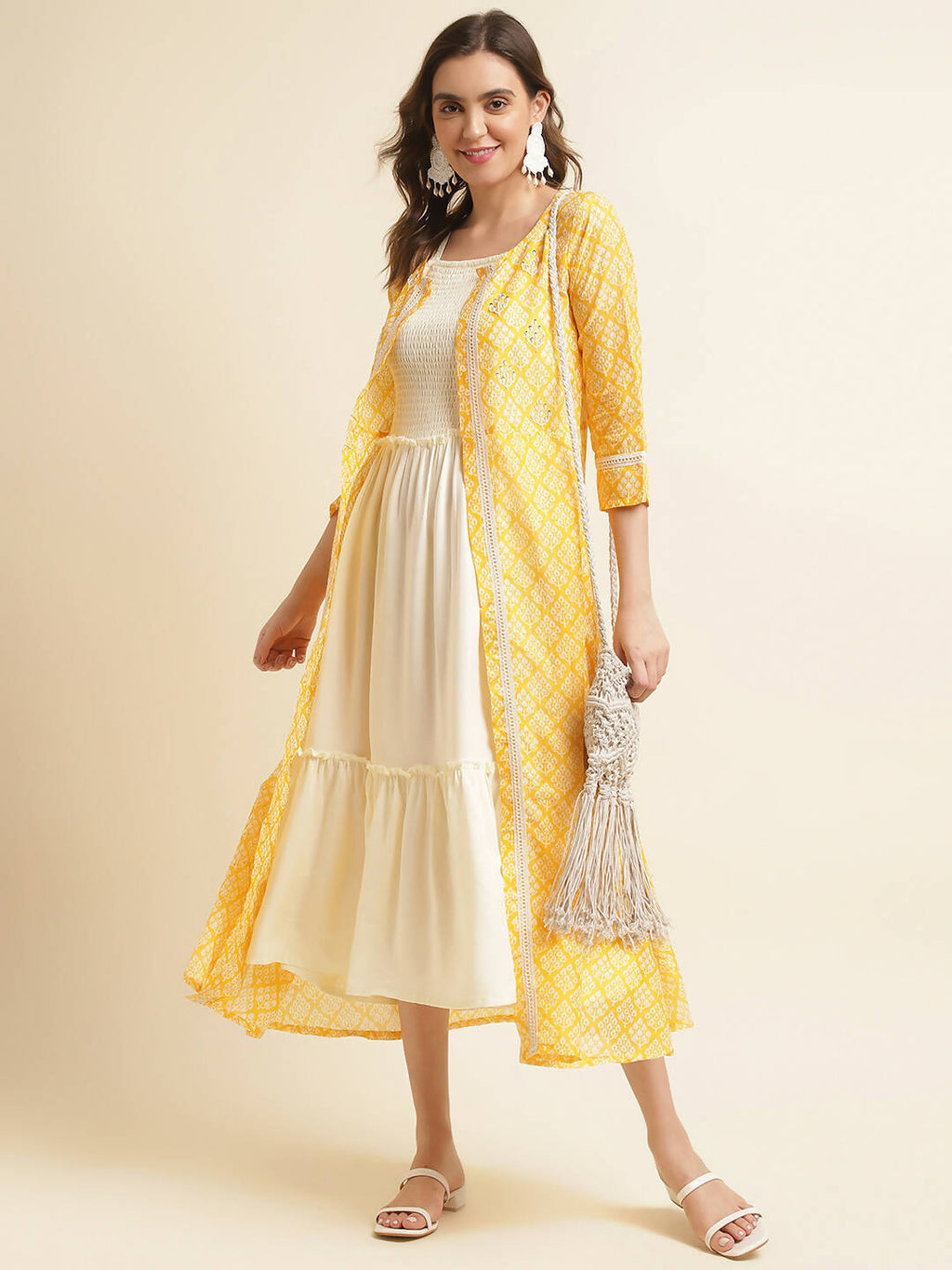 White Cotton Solid Flared Dress with Printed Shrug - Yukti