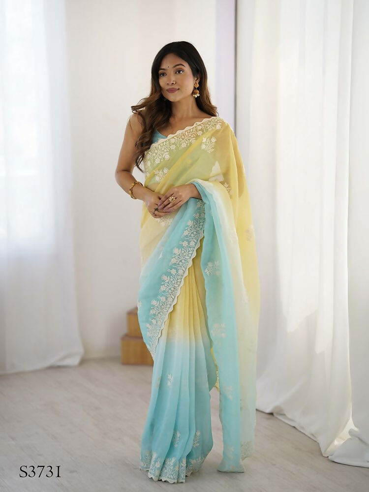 Yellow Crunchy Silk Embroidery Work Party Wear Saree - Lakshita