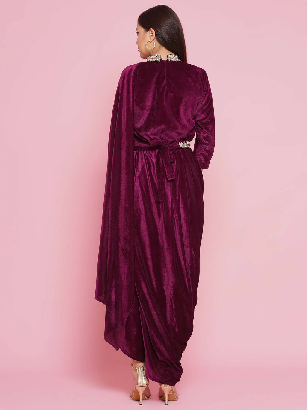 Women Republic Burgundy Velvet Kurta With Attached Neckalace,Belt And Pant