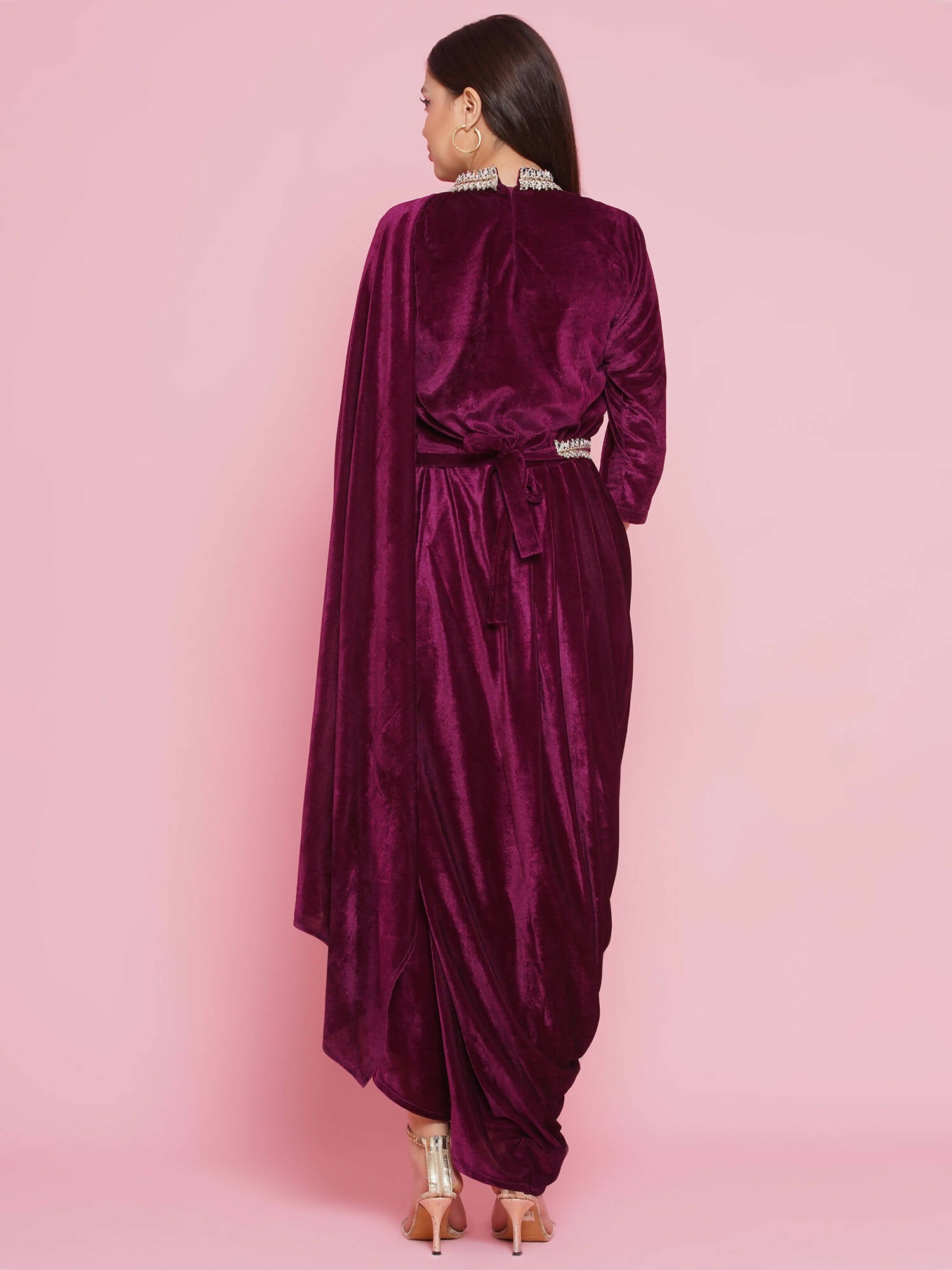 Women Republic Burgundy Velvet Kurta With Attached Neckalace,Belt And Pant