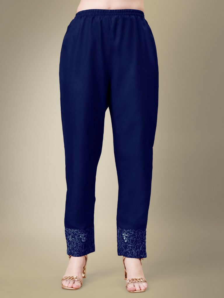 Jyoti Fashion Women's Navy Blue Cotton Blend Embroidery & Fancy Lace work Kurta with Trouser & Dupatta