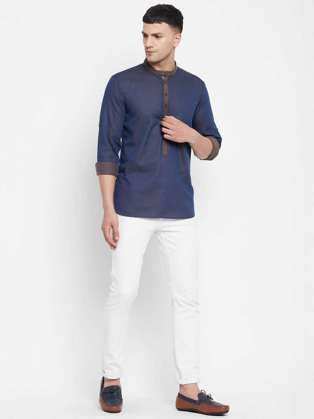 Even Apparels Pure Cotton Blue Men's Kurta With Band Collar