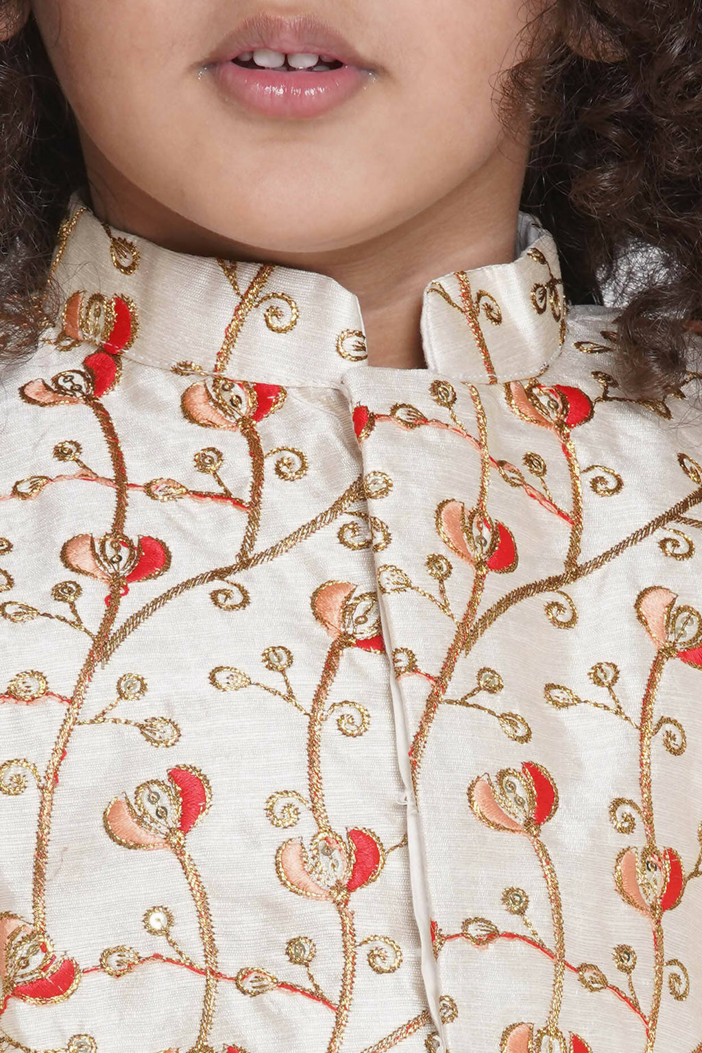 Little Bansi Banarsi Red Tulip Embroidery Jacket with Cotton Kantha kurta and Kantha Pyjama - Cream