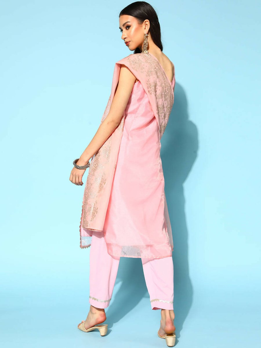 Ahalyaa Women Pastel Pink Colour Organza Glitter Printed Kurta Pant Set With Dupatta