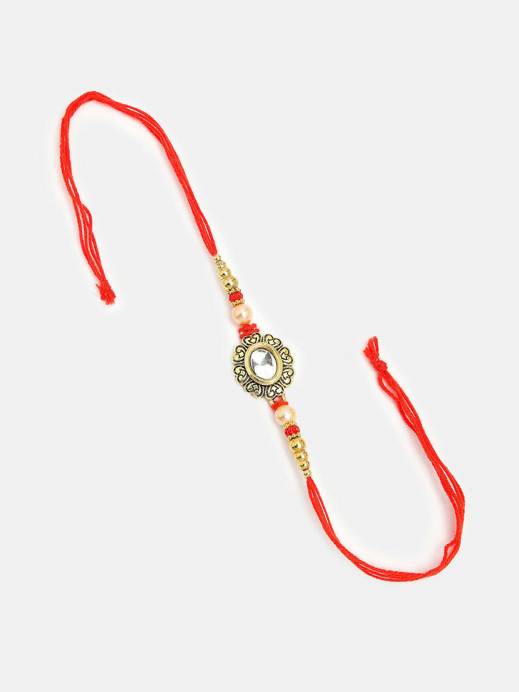 NVR Women & Men Set of 2 Gold & Red Kundan-Studded Bhaiya Bhabhi Rakhi With Roli Chawal & Chocolate