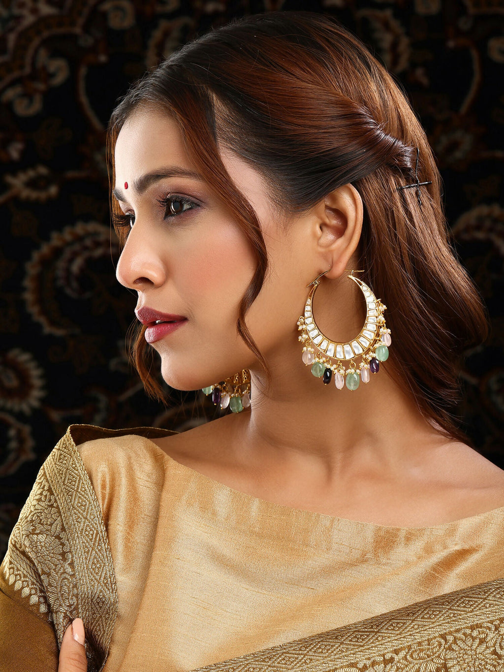 Ruby Raang Gold Polished Multi-Color Kundan Loops