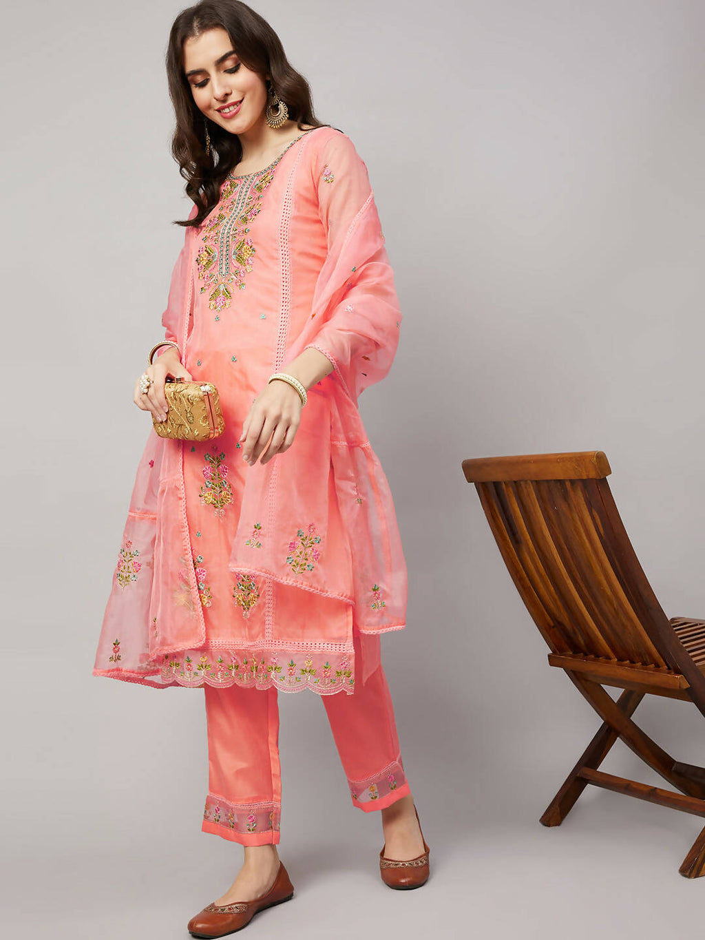 Peach Organza Embroidered Kurta with Bottom & Dupatta - Salimar