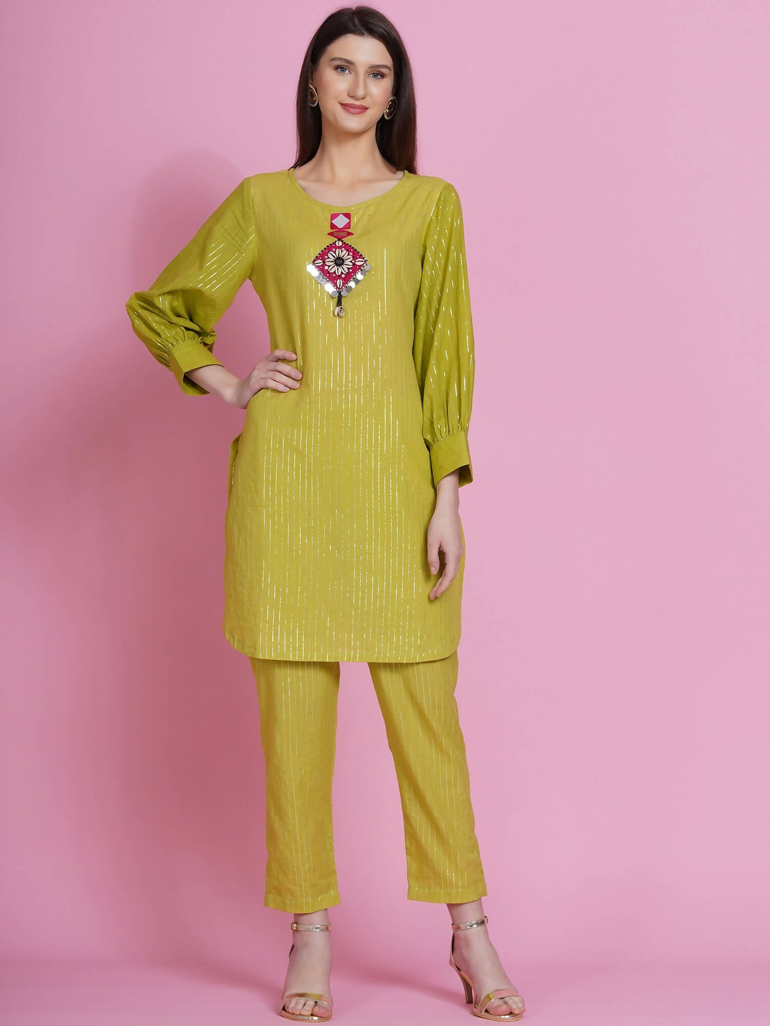 Women Republic Green Lurex Cotton Hand Embroidered Kurta With Pants