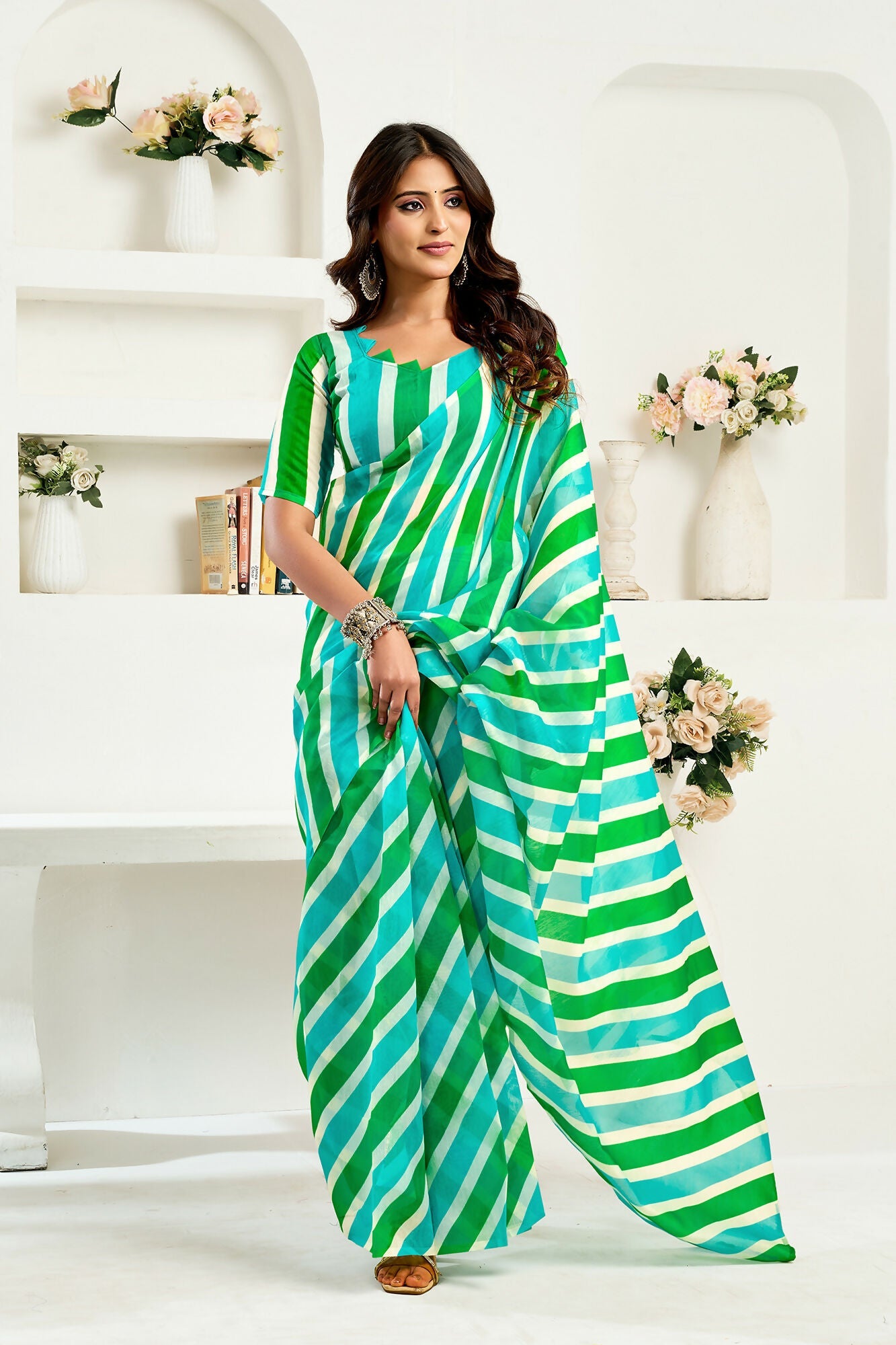 Vastranavya Green Digital Printed Linen Ready To Wear Designer Saree with Unstitched Blouse