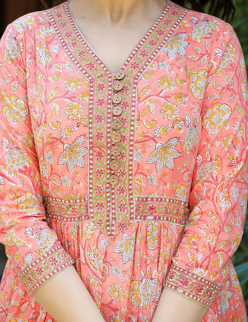 Kaajh Women's Light Orange Floral Handblock Printed Cotton Dress