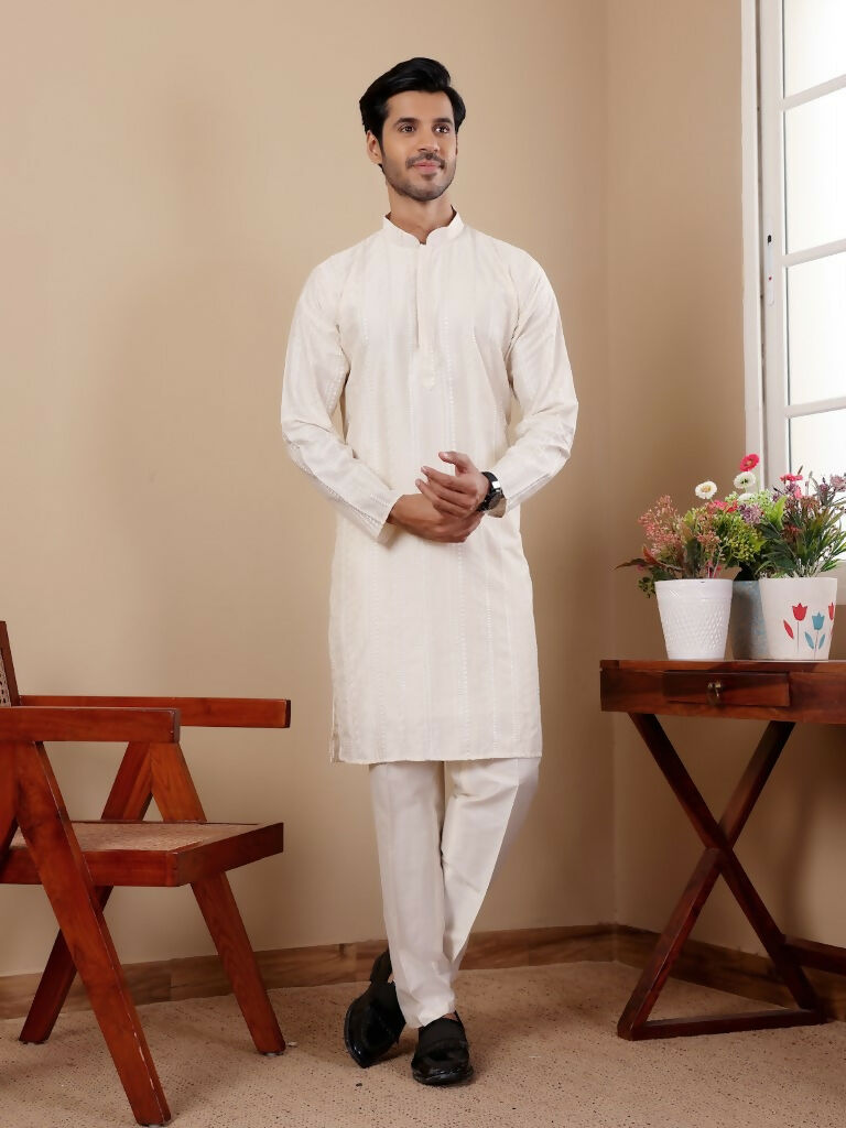 Off Whit Silk Designer Embroidery Work Men's Rajwadi Kurta Set - Mahotsav