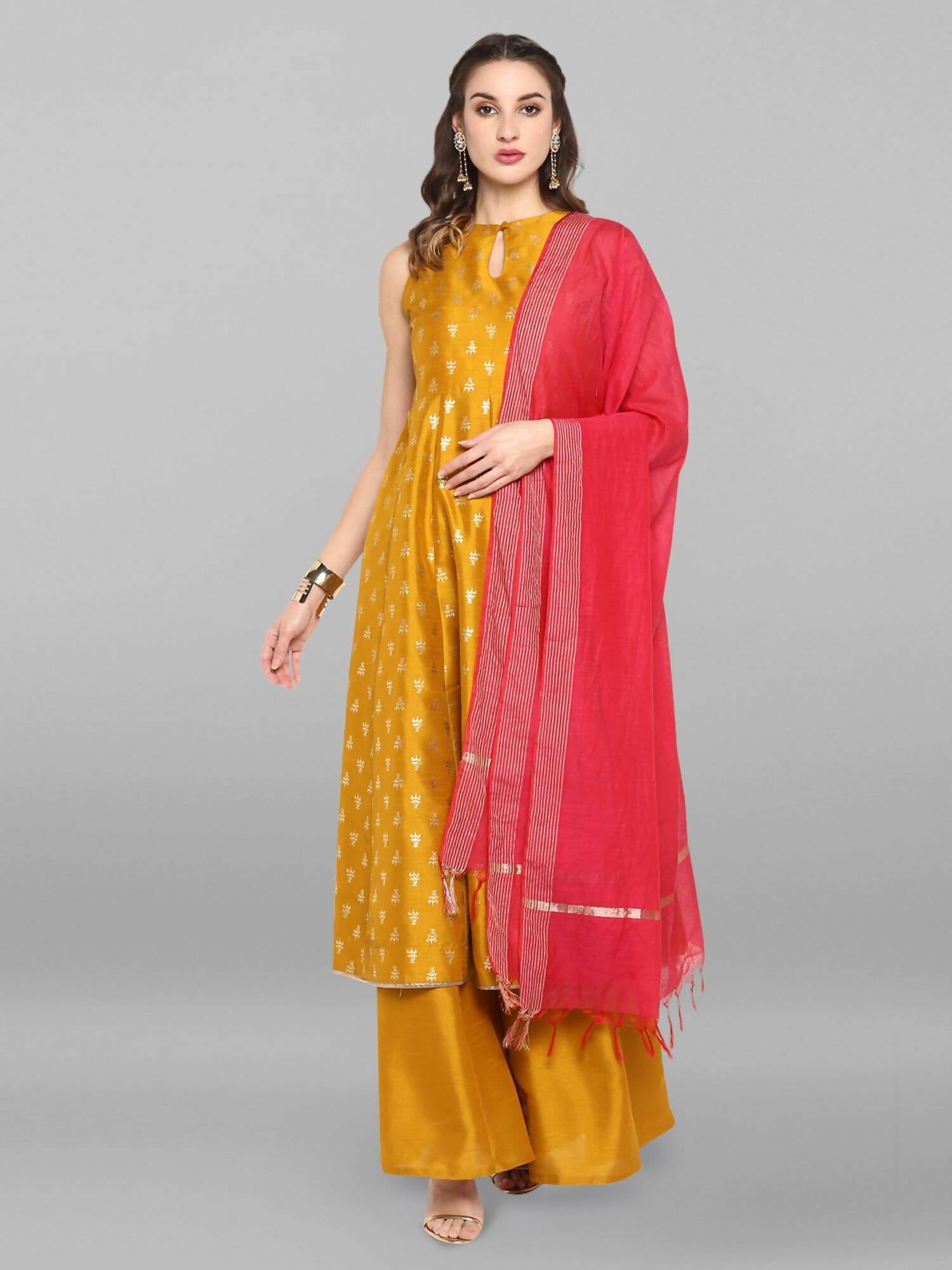 Janasya Women's Mustard Rayon Foil Print Kurti With Palazzo