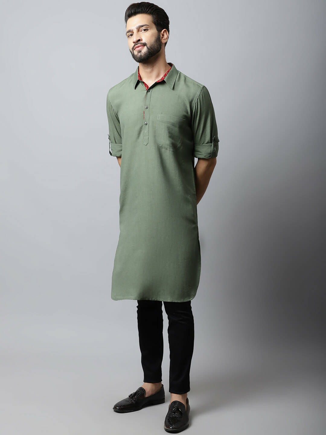 Even Apparels Green Color Linen Solid Men's Kurta With Shirt Collar (LN944)