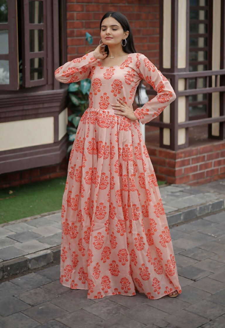 Jyoti Fashion Women's Peach Heavy Digital Printed Pure Chanderi Anarkali Dress