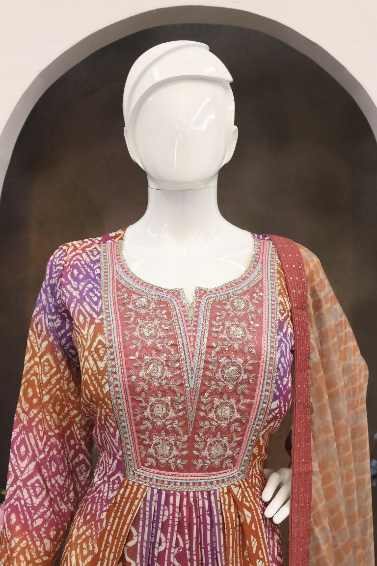Vastranavya Lavender Muslin Printed Sequins Beads Work Abaya Style Anarkali Suit