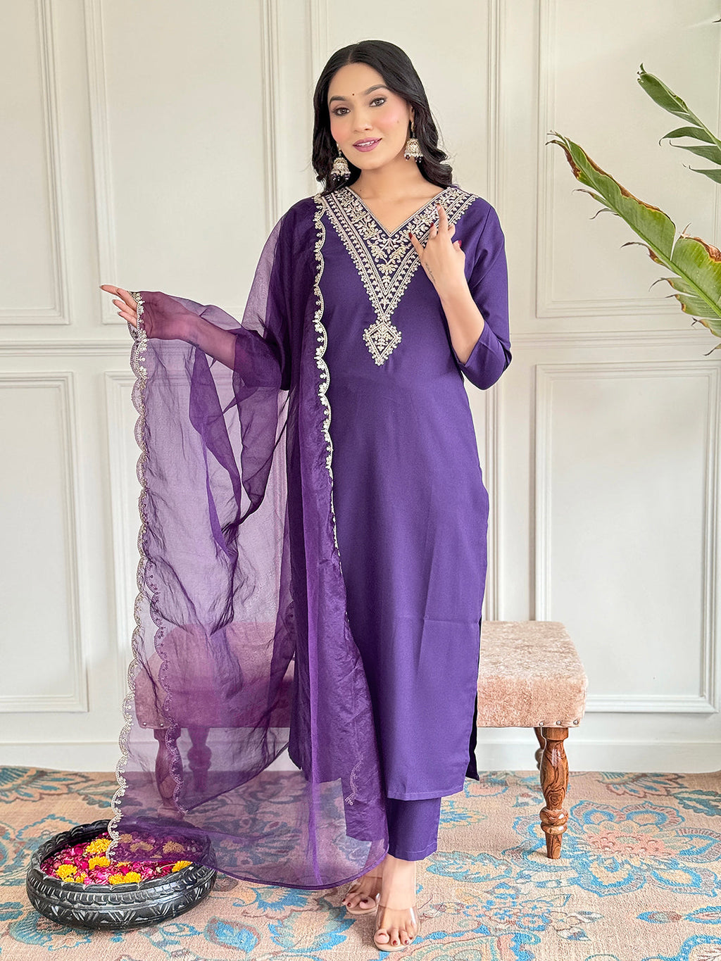 The52 Violet Rayon Slub Fabric Straight Kurta, Pant and Dupatta Set