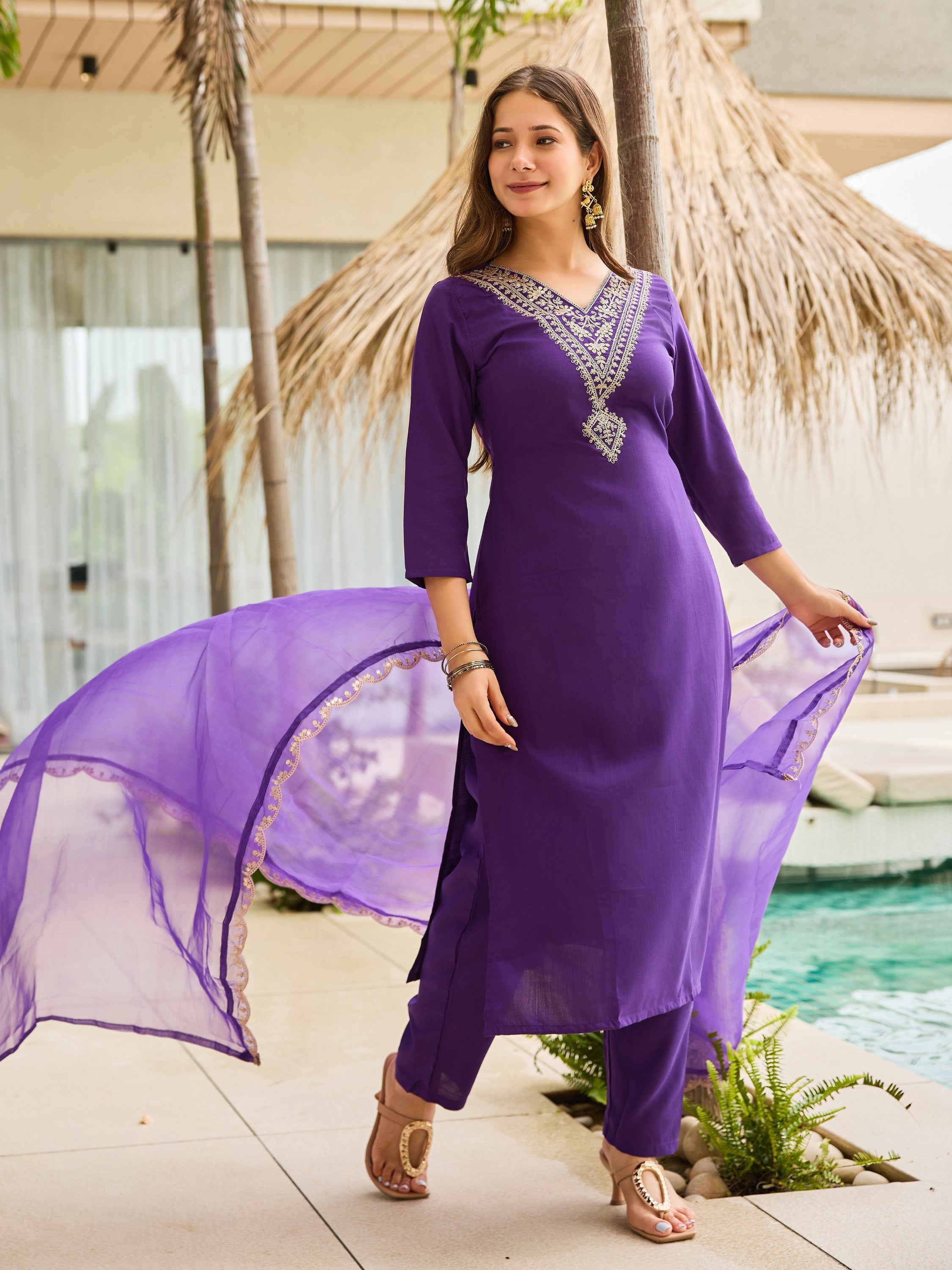 The52 Violet Rayon Slub Fabric Straight Kurta, Pant and Dupatta Set
