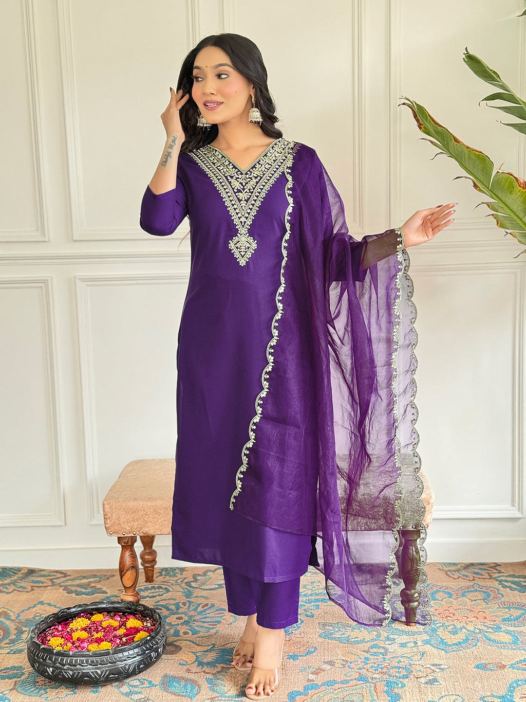 The52 Violet Rayon Slub Fabric Straight Kurta, Pant and Dupatta Set