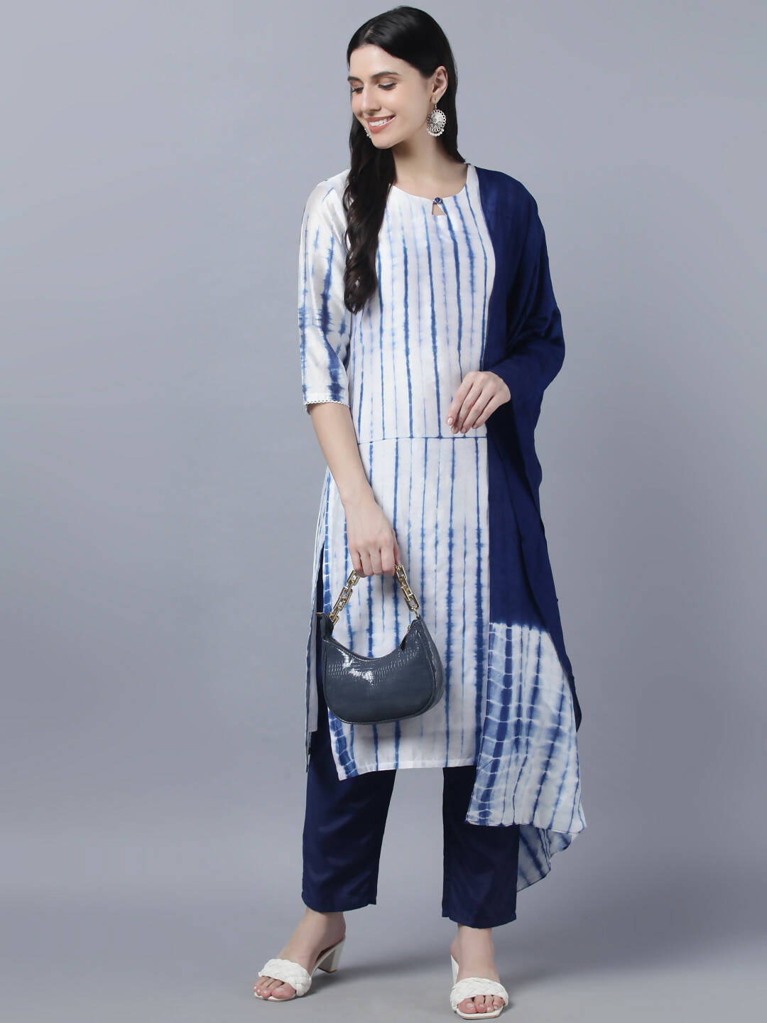 Myshka Women White Blue Tie Dyed Kurta Trousers With Dupatta Set