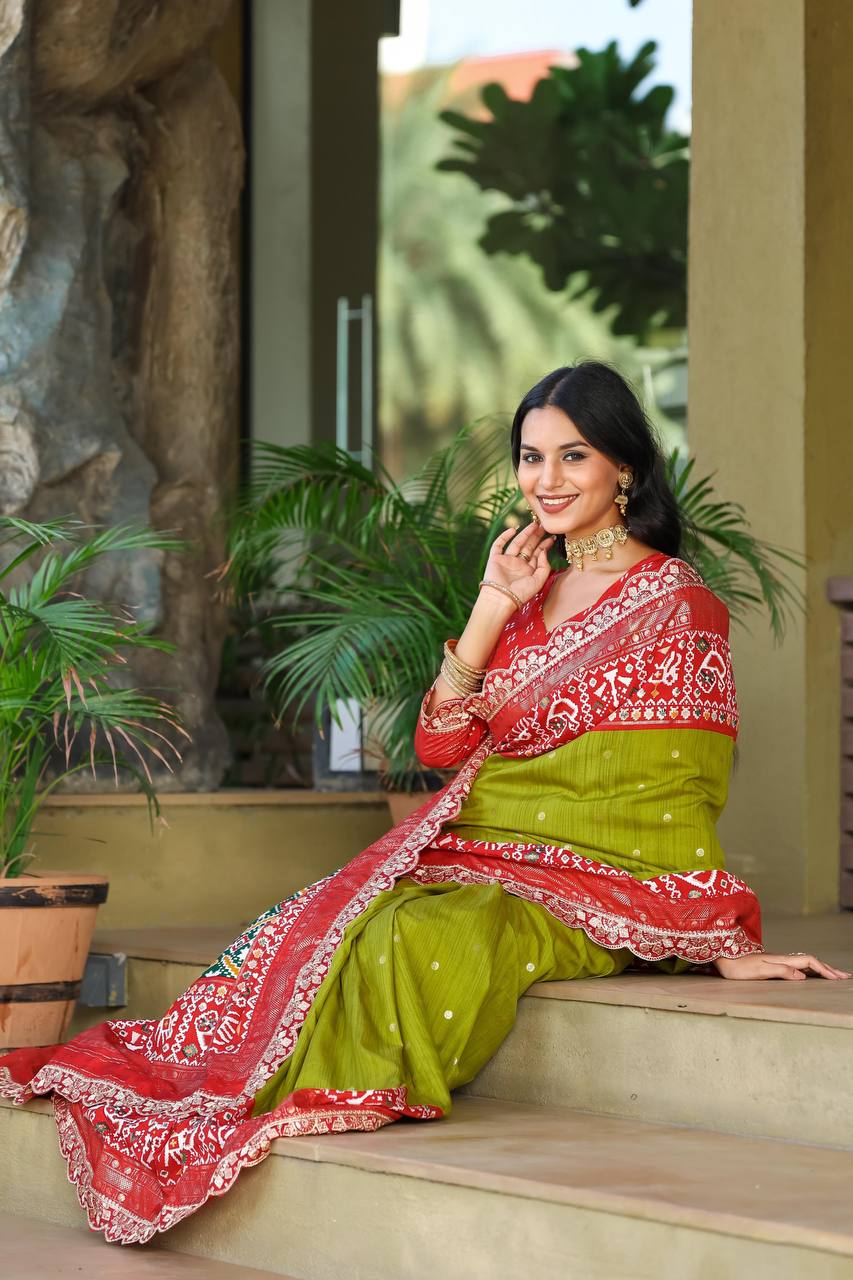 Teeya Creation Olive Color Mercerized New Sigma Silk Ikkat Saree