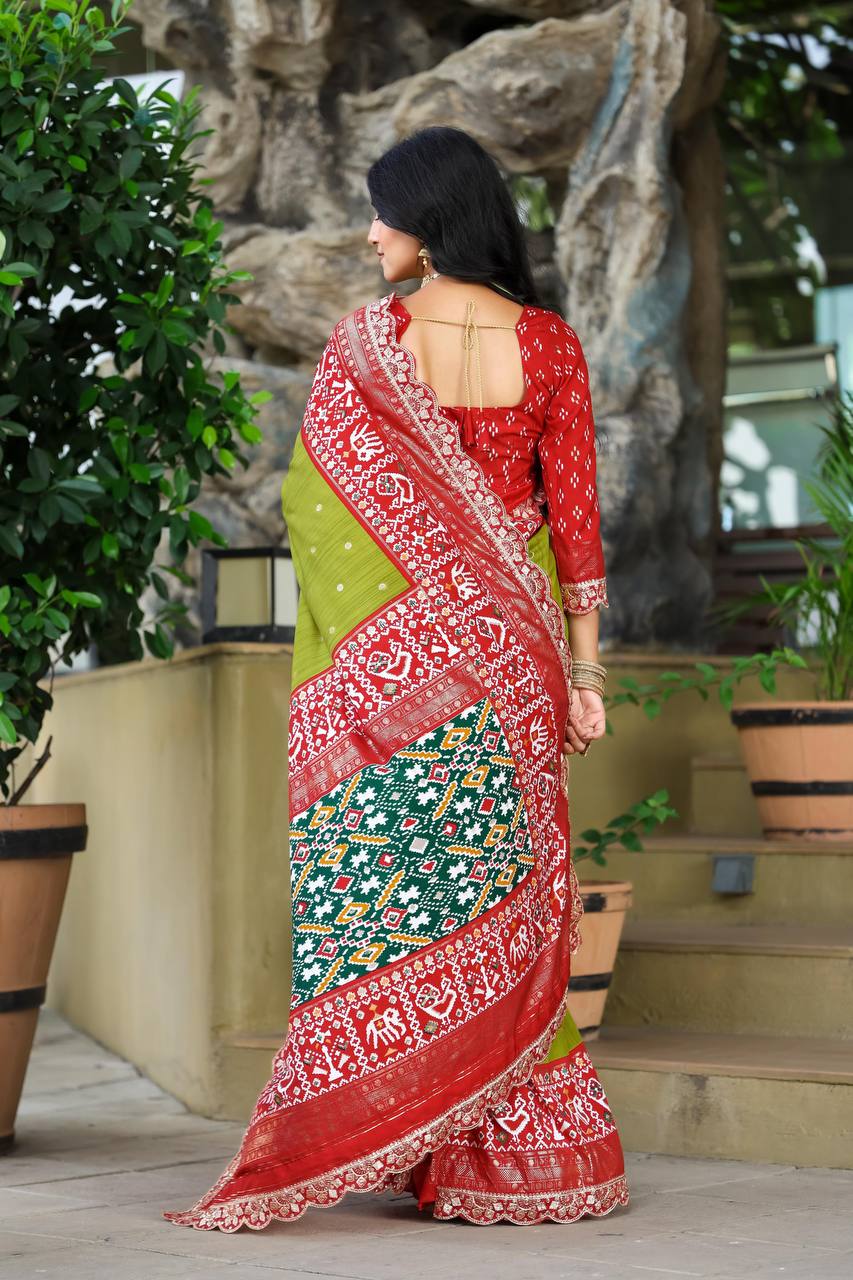 Teeya Creation Olive Color Mercerized New Sigma Silk Ikkat Saree