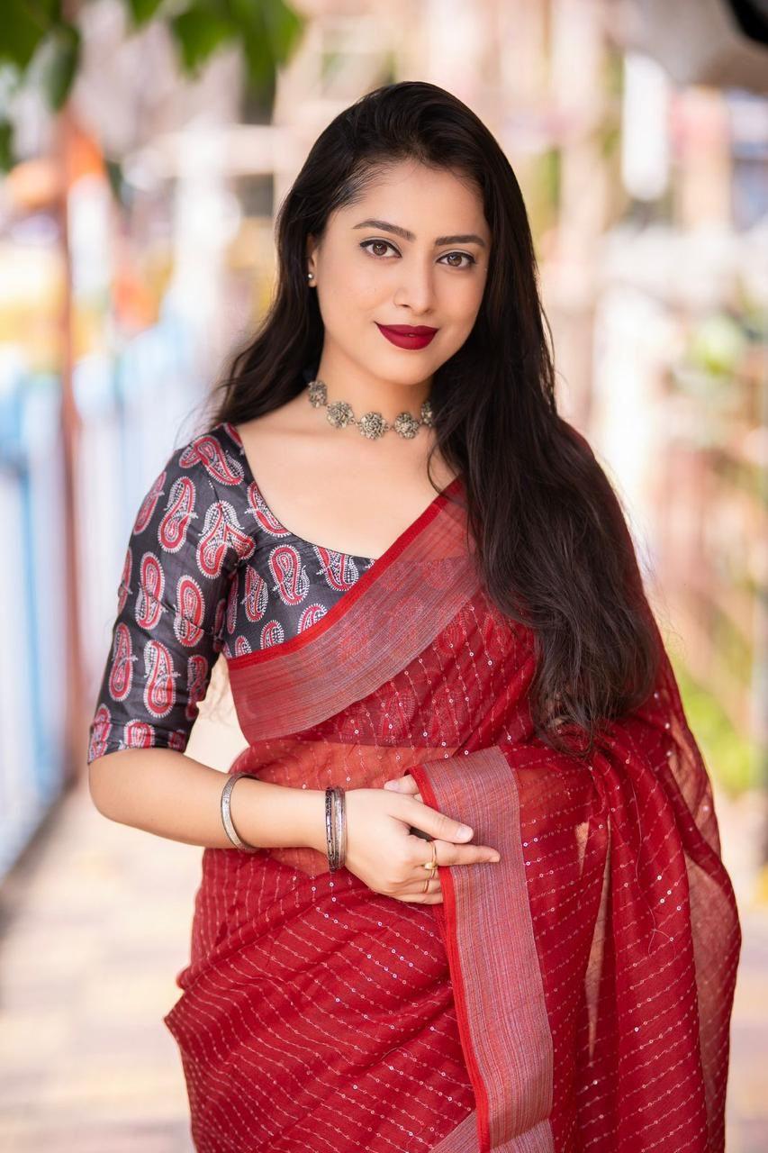 Red Linen Sequence Saree with Unstitched Blouse - Hiral Fashion