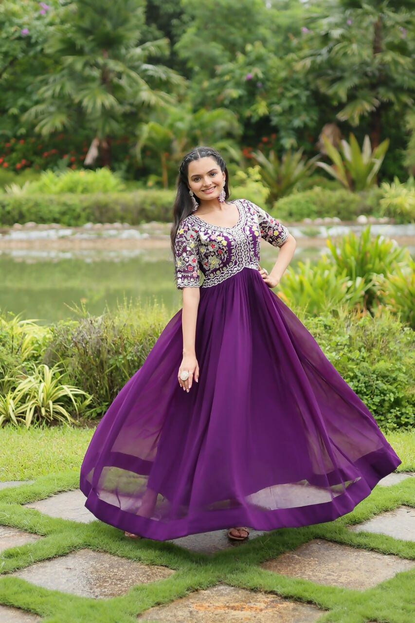 Vastranavya Faux Blooming with Embroidery Zari Sequins-work Gown - Purple