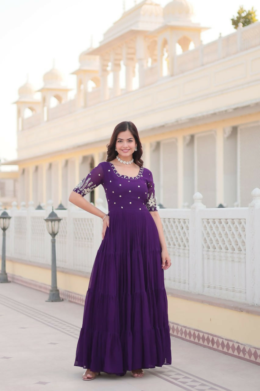 Vastranavya Premium Designer Faux Blooming with Embroidery Zari Sequins work Gown - Purple