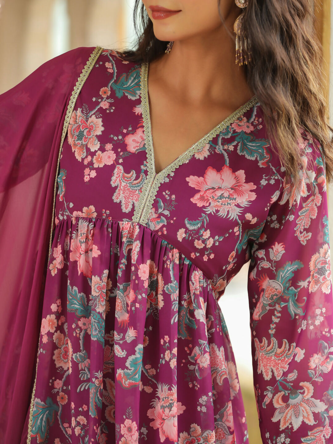 Janasya Purple Georgette Floral Kurta,Bottom & Dupatta