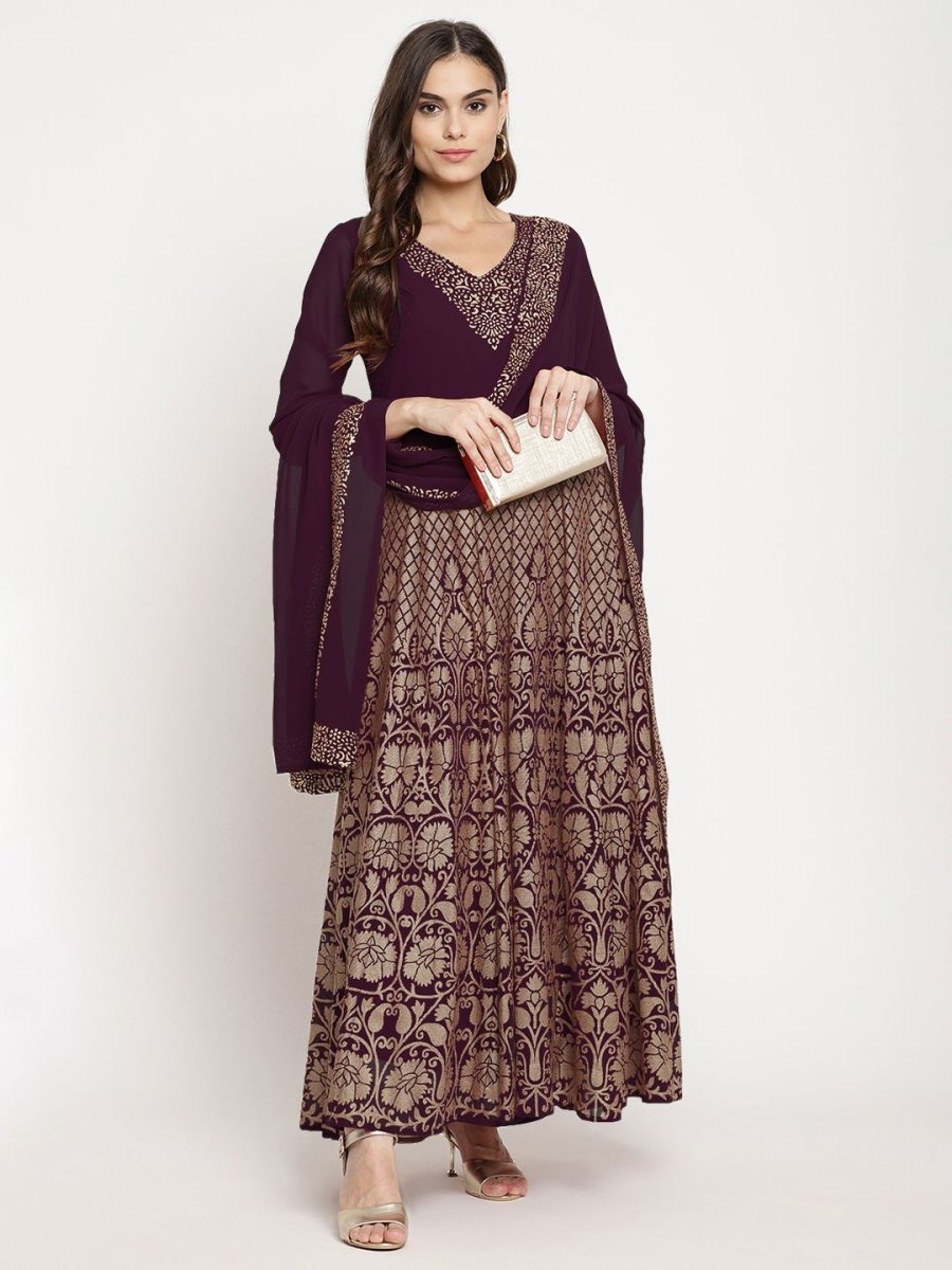 Ahalyaa Women's Wine Georgette Gold Foil Print Flared Kurta With Dupatta