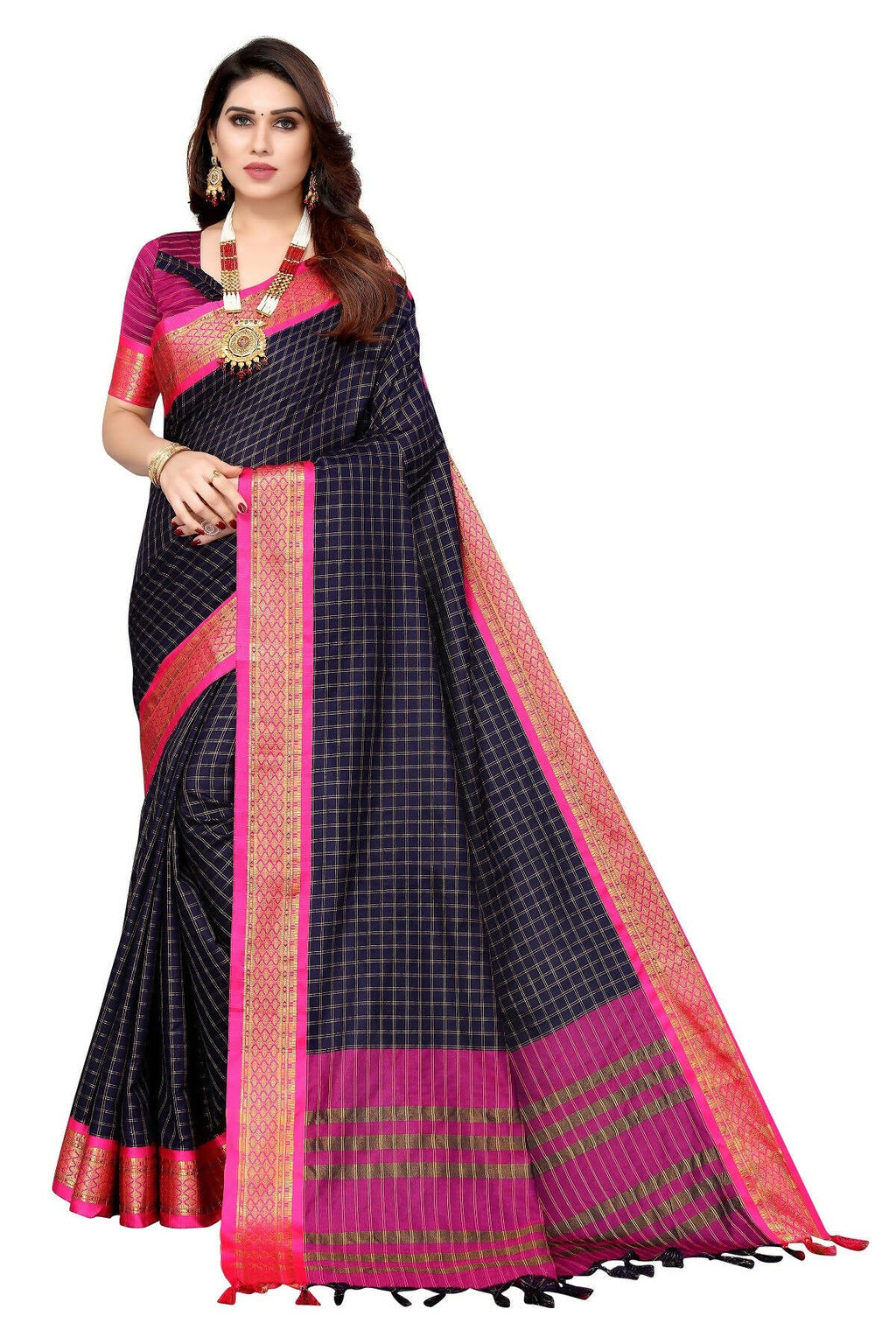 Vamika Weaving Navy Cotton Silk Saree