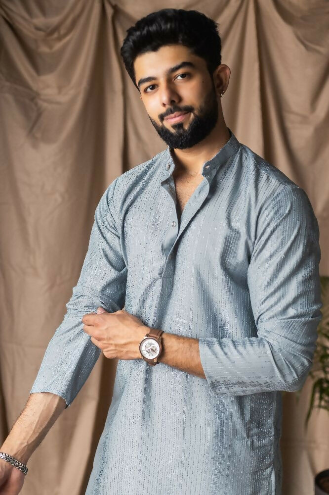Light Blue Rayon Thread Embroidery Work Kurta Set - Mahotsav