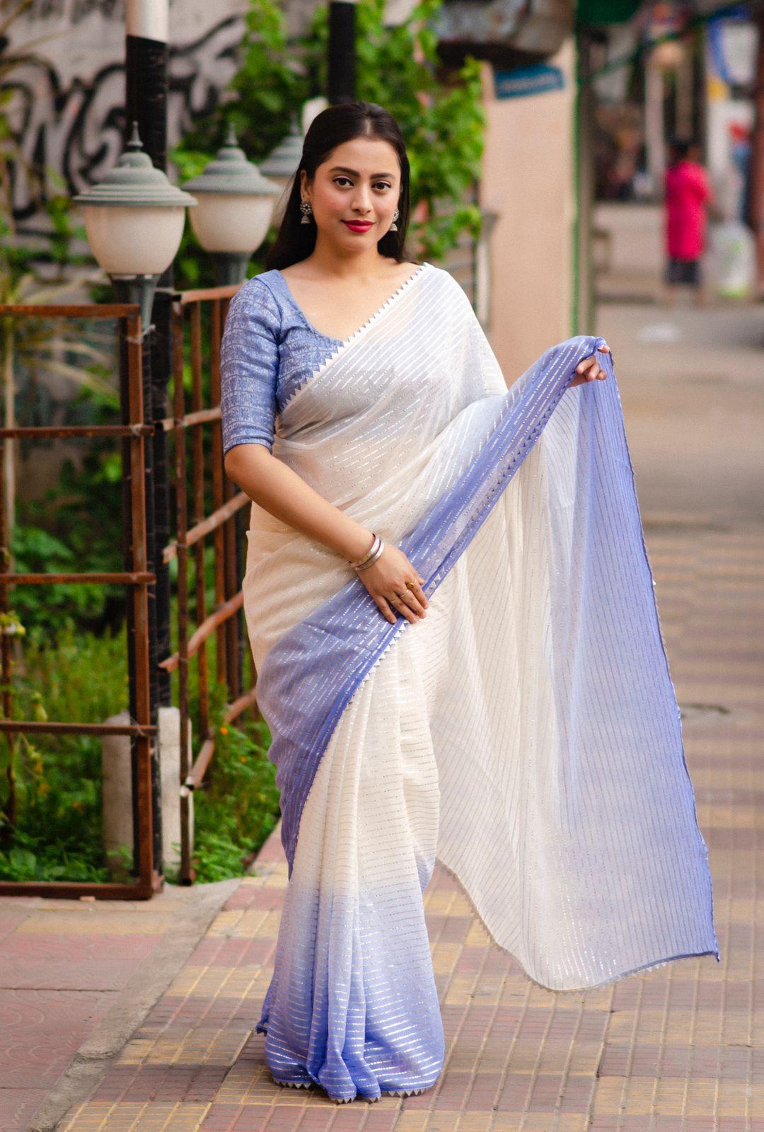 Lavender Poly Chiffon Striped Saree with Unstitched Blouse - Hiral Fashion