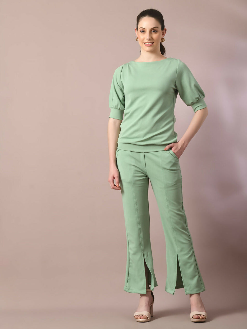 Myshka Women's Sea Green Solid Boat Neck Party Top With Trousers Co-ord set