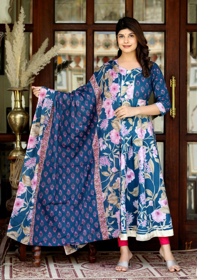 Miravan Women's Flower Printed Blue Anarkali Kurta And Dupatta