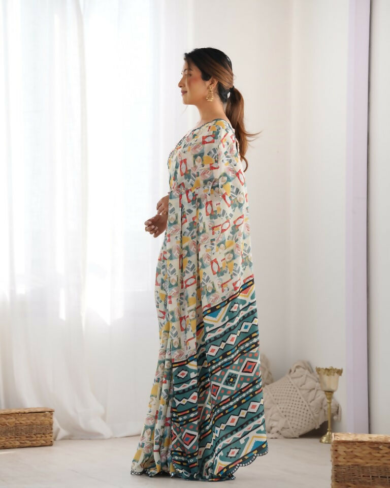 Off White Chinon Designer Digital Printed & Mirror Cut Work Saree - Kriti