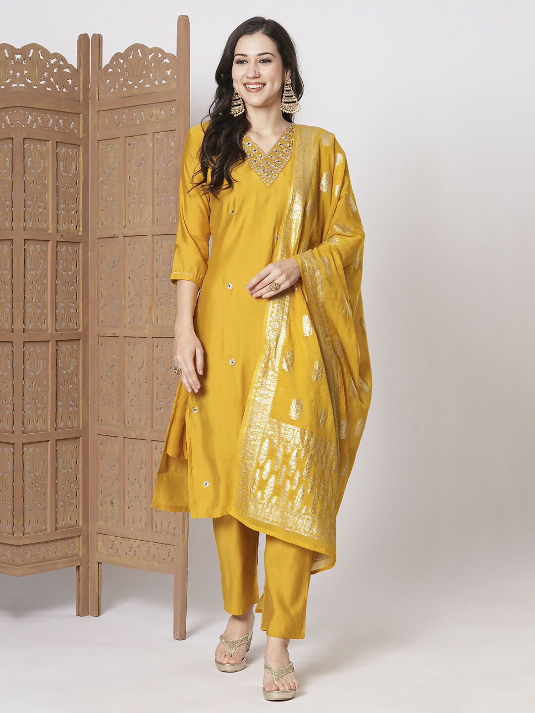 Yellow PV Chanderi Embroidery Work Kurta Set - Riya