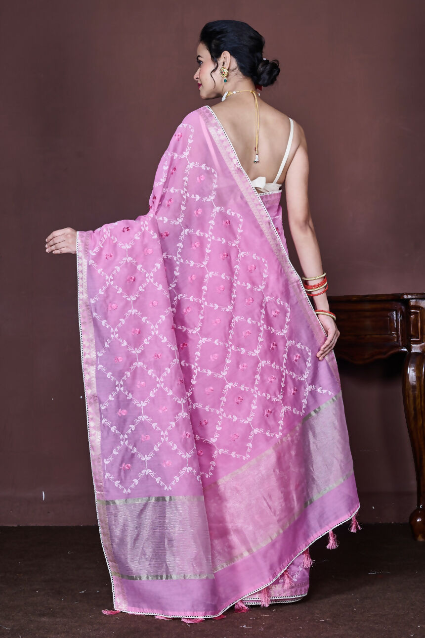 Morchari Pink Cotton Chanderi Embroidery Saree Unstitched Blouse